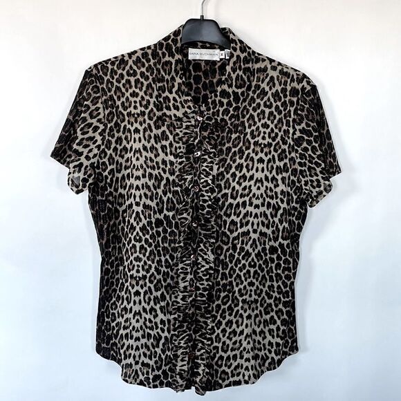 Dana Buchman Stretchy Leopard Shirt with Ruffle Placket, M - Picture 1 of 6